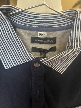 Banana Republic Men's Navy Polo with Blue & White Striped Collar